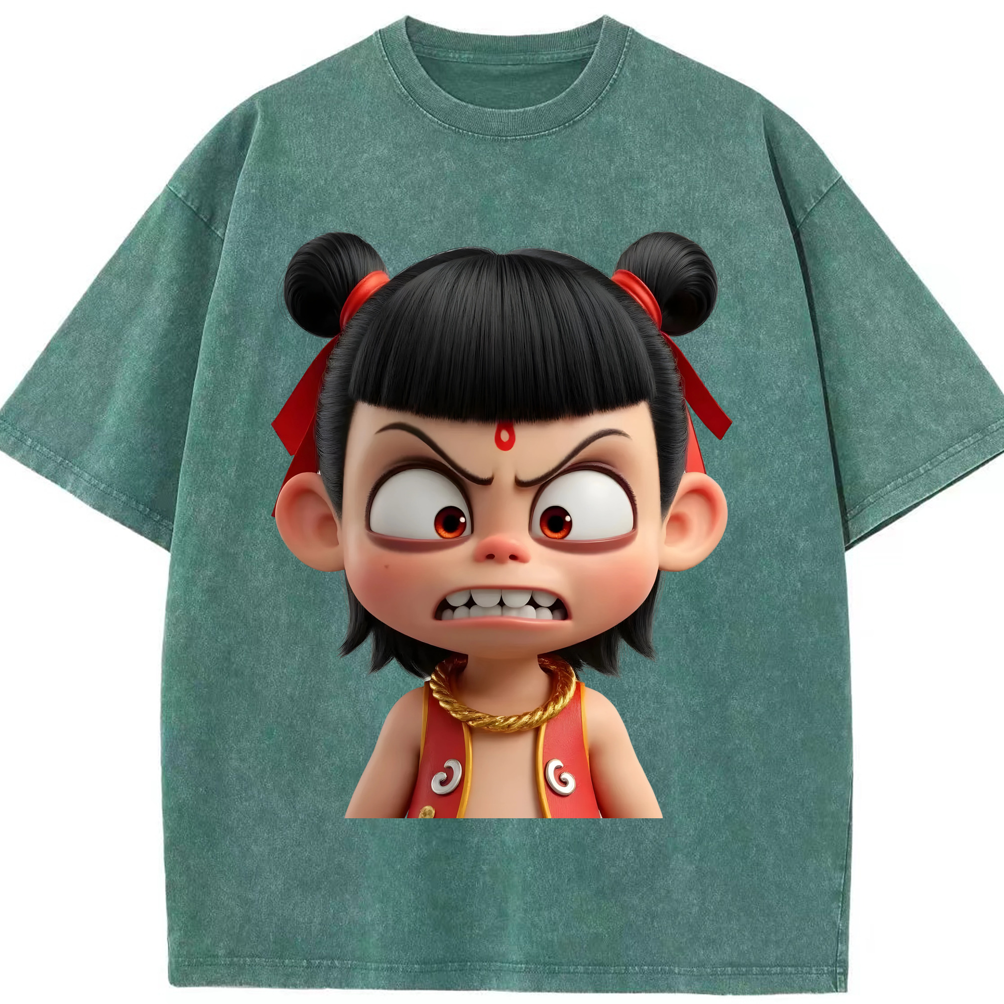 （画像用） Ne Zha 2 ナタ 魔童の大暴れ 綿100% ヴィンテージ風 半袖Tシャツ（フロントプリント）